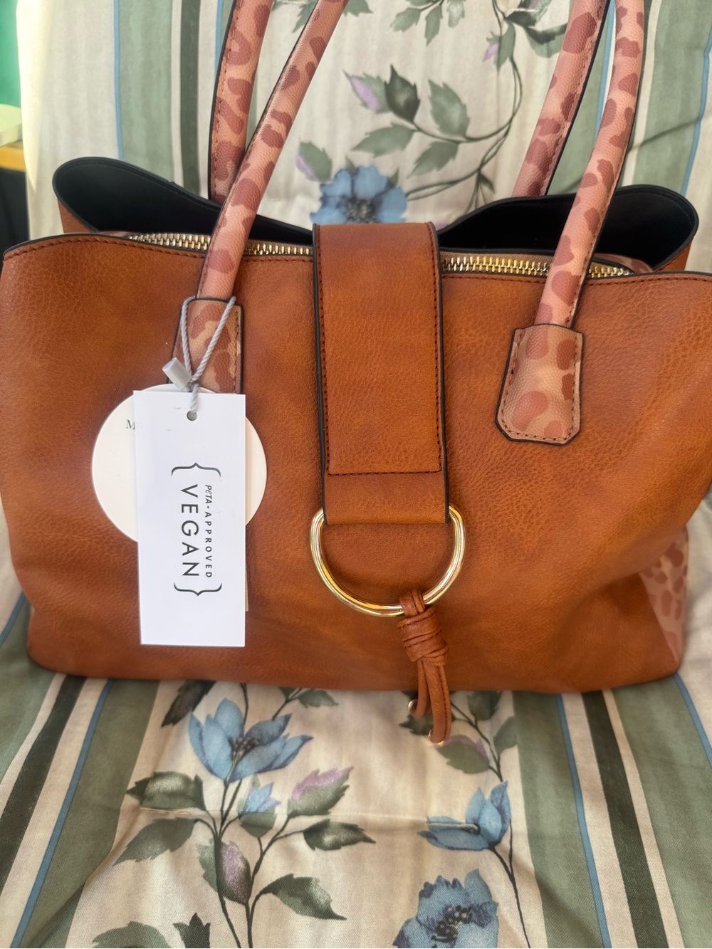 Vegan Leather Tan Tote Bag with Pink Accent Handles